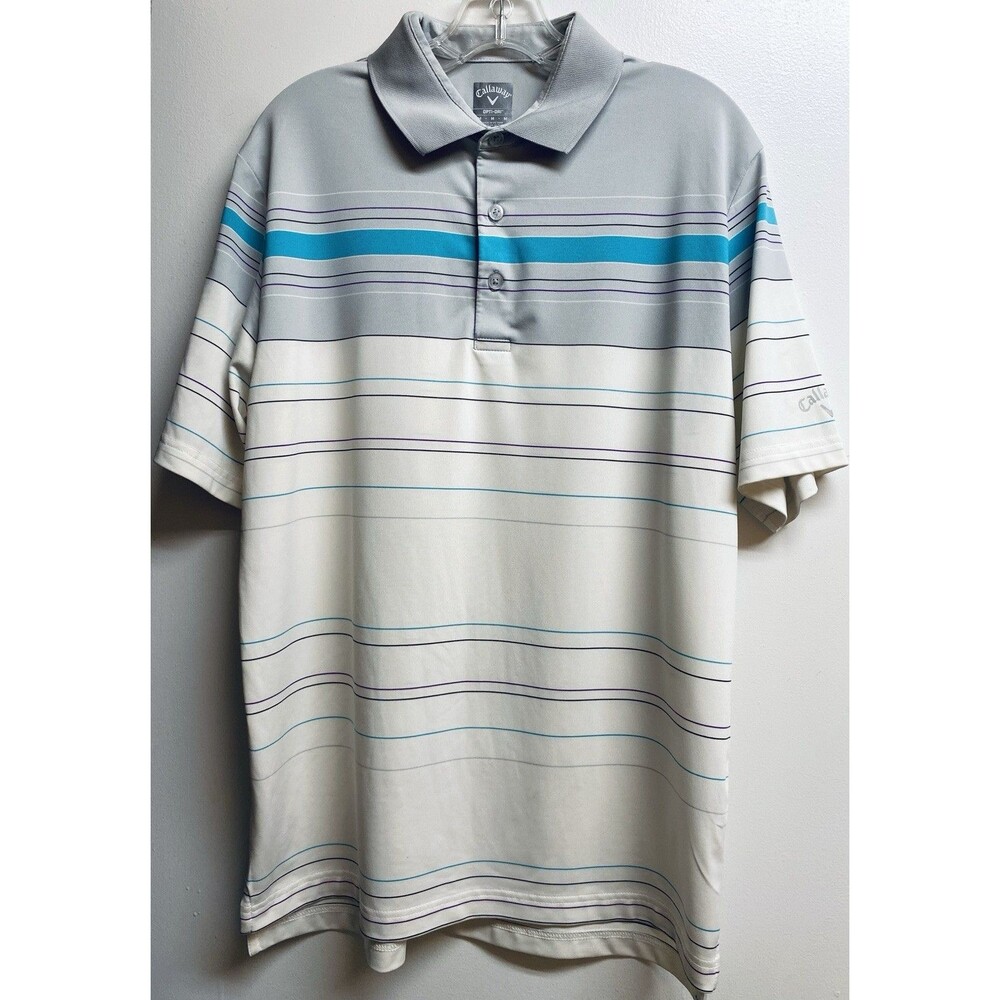 Callaway Opti-Dri Polo Shirt Mens M  Cream Striped Quick Dry Shorts Sleeve